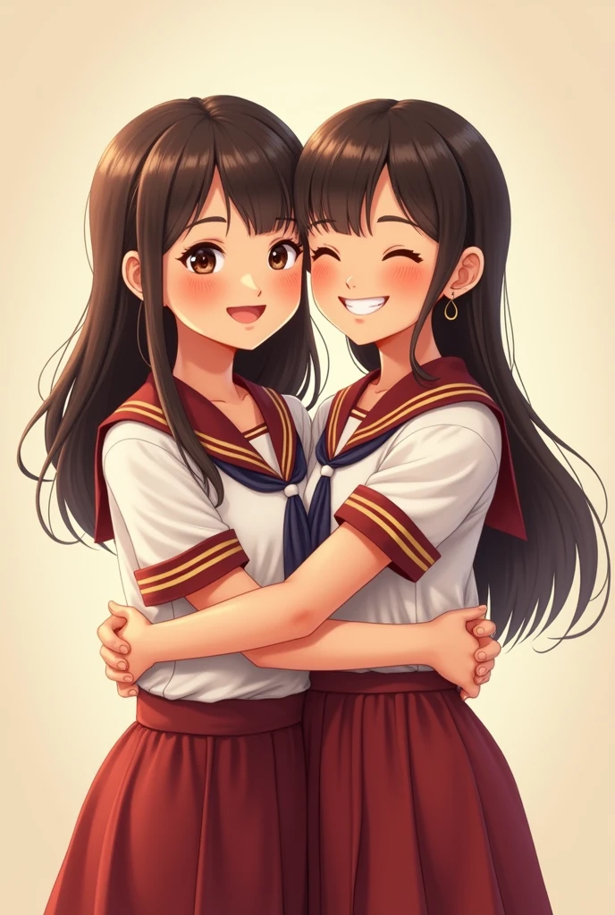 A 1 Thai school girl and a Lao school girl stand hugging each other, posing for a photo, smiling beautifully.