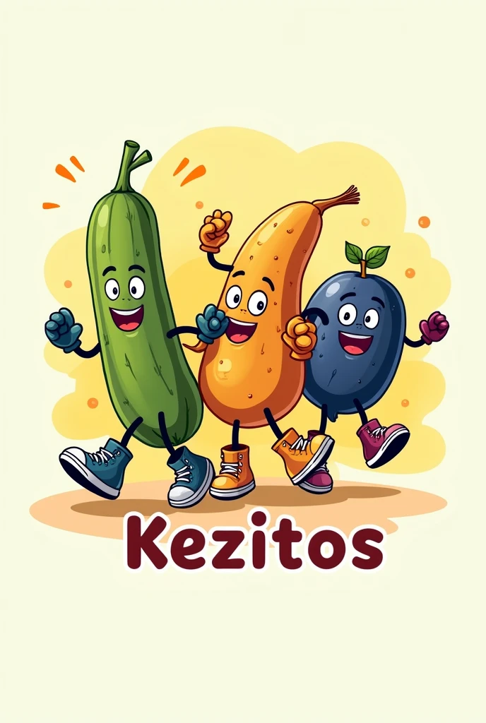 I want to create an image to start my own brand of fit snacks, I would like the logo to have fruits and vegetables like cucumber, banana, sweet potato, or blueberries which are animated and wear gloves and boots, my brand is called Kezitos