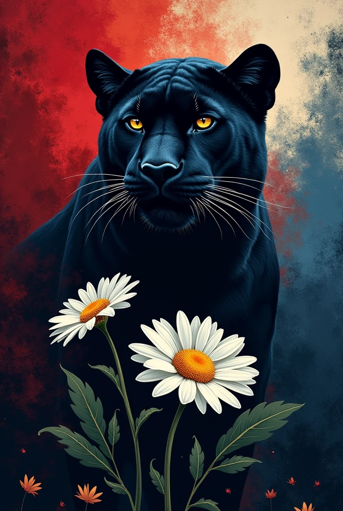 The flag features a black panther and a daisy, representing strength and beauty, respectively. Its colors—black, red, and blue—symbolize power, protection, and unity. This design may reflect a specific organization or cultural identity that integrates natural themes with symbols of strength.