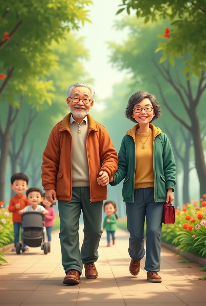 An elderly Chinese couple is walking in the park with smiles on their faces. The trees around are very green, and the flowers in the garden are blooming beautifully. Children are playing around, and a young couple is pushing a baby stroller and passing by to greet the elderly couple enthusiastically. It is very lively. Real portraits, real scenes