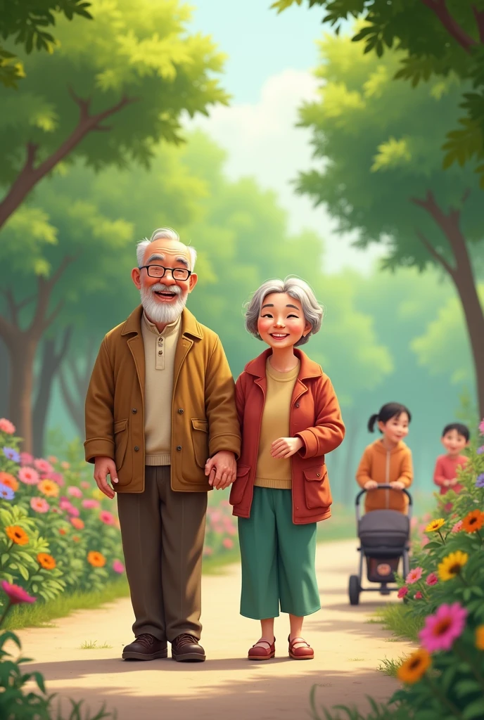 An elderly Chinese couple is walking in the park with smiles on their faces. The trees around are very green, and the flowers in the garden are blooming beautifully. Children are playing around, and a young couple is pushing a baby stroller and passing by to greet the elderly couple enthusiastically. It is very lively. Real portraits, real scenes