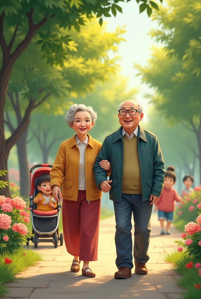 An elderly Chinese couple is walking in the park with smiles on their faces. The trees around are very green, and the flowers in the garden are blooming beautifully. Children are playing around, and a young couple is pushing a baby stroller and passing by to greet the elderly couple enthusiastically. It is very lively. Real portraits, real scenes