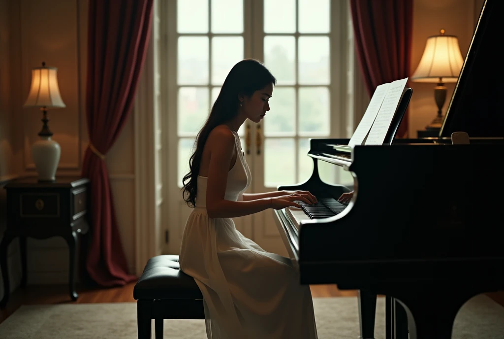 High Resolution, Masterpiece, Accurate, Best Quality, Detail, High Details, High Quality, Realistic photo. A 30 year old Indonesian wife, wearing a white dress, long dark hair, white skin, height: 155 cm, weight: 45 kg. The image shows a young woman sitting at a grand piano in a luxurious room with a window in the background. She is wearing a white dress, has long dark hair and she is looking down at the keys of the piano. On the piano, there is a white vase and a lamp. The room appears to be dimly lit, with the window providing natural light.