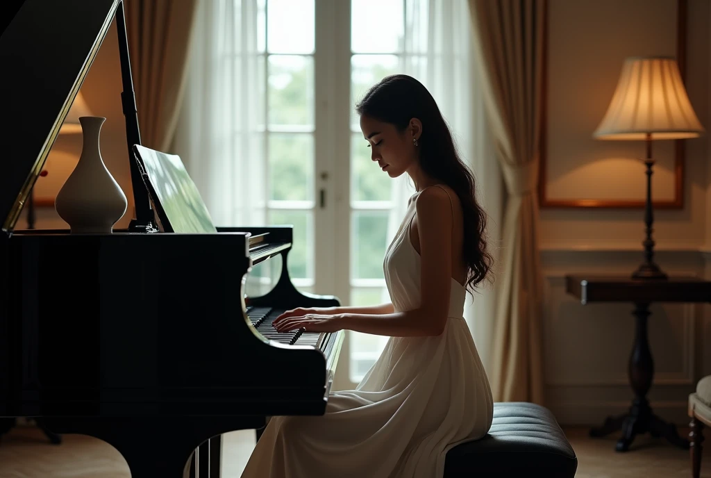 High Resolution, Masterpiece, Accurate, Best Quality, Detail, High Details, High Quality, Realistic photo. A 30 year old Indonesian wife, wearing a white dress, long dark hair, white skin, height: 155 cm, weight: 45 kg. The image shows a young woman sitting at a grand piano in a luxurious room with a window in the background. She is wearing a white dress, has long dark hair and she is looking down at the keys of the piano. On the piano, there is a white vase and a lamp. The room appears to be dimly lit, with the window providing natural light.