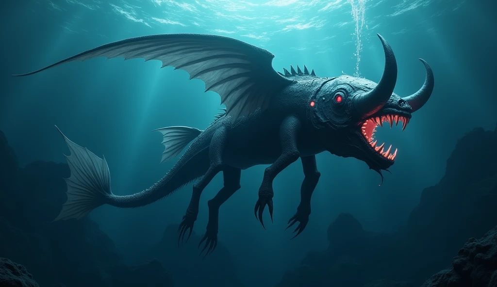 a monstrous fish with a bull head, snake tail, and wings on its back, underwater scene, (best quality,4k,8k,highres,masterpiece:1.2),ultra-detailed,(realistic,photorealistic,photo-realistic:1.37),fantasy creature,dark blue ocean background,bioluminescent lighting,dramatic lighting,cinematic composition,intricate details,vibrant colors,seamless blend of organic and mechanical elements