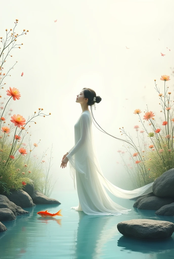 huaniao, [(White background:1.5)::5], Medium shot, Chinese, Flowers,((fish)),Stone fragments, Beautiful and delicate water,pool,