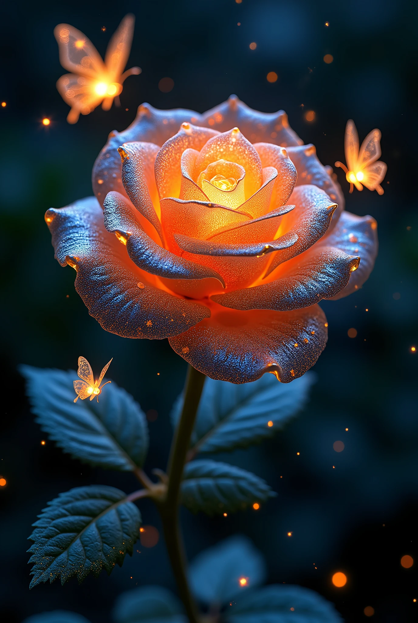 Gros plan sur magnifique et véritable rose noire en verre lumineuse. Pétales en fibre de verre illuminé. Scintillante. Scintillement. Papillons lumineux. Beaucoup de petites étoiles lumineuse. Arrière plan sombre et flouté. Chef d'oeuvre. Haute qualité. Détails. Pleins de papillons autour. Pleins d'étoiles autour. Détails.