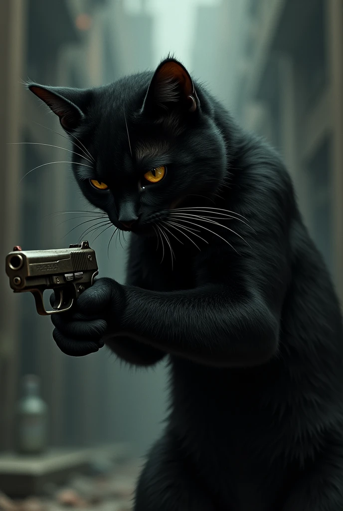 Black cat with a gun