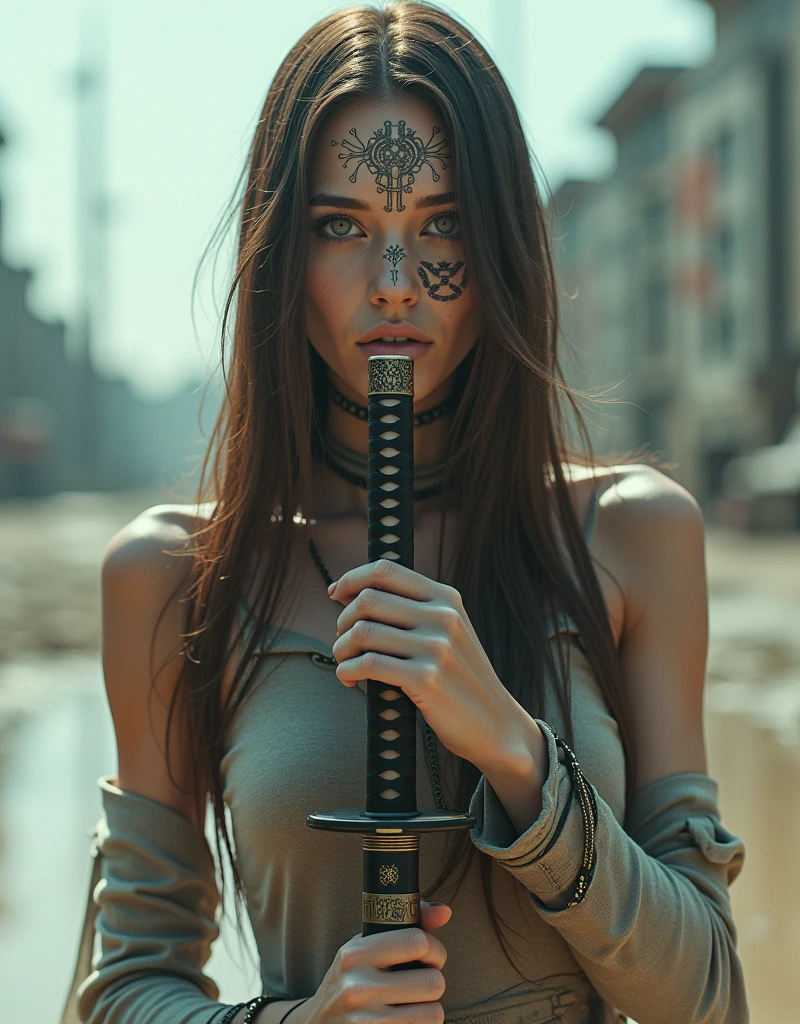 Editorial photography,Super detailed background,super realistic,double exposure,depth of field,beauty super slender fluids,soft focus bright colors tone,Narrative scene,acrylic paint,high contrast multi-layer structure cyborg,luminous body,very long straight brunette hair,Hold Japanese sword KATANA with both hands.,bare shoulders,dystopia apocalypse,geometric large tattoo on face,