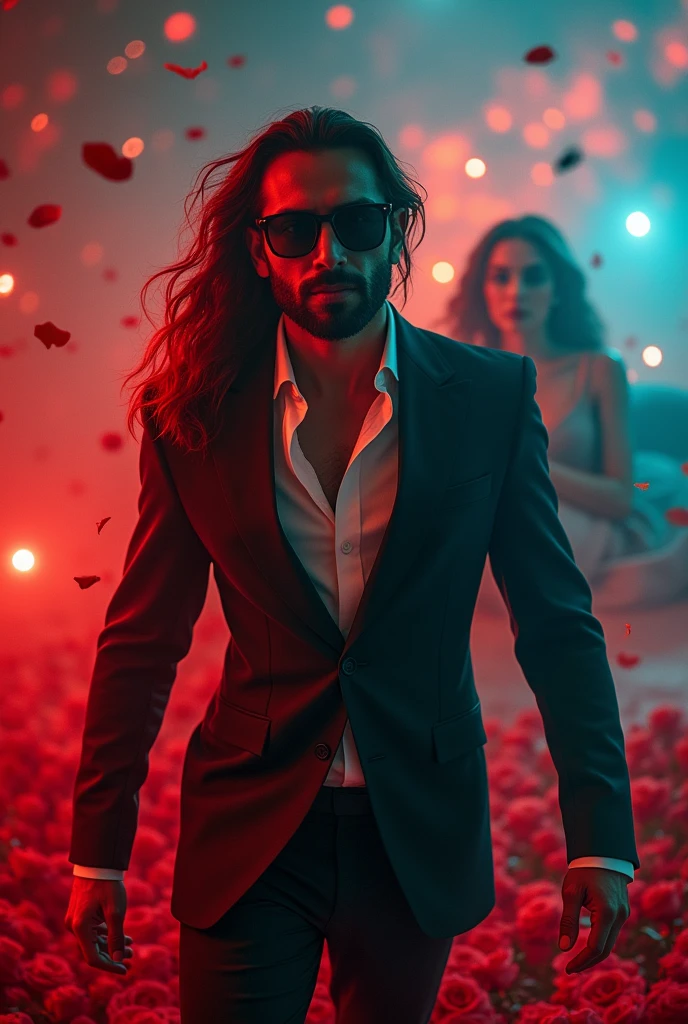 produces 4K ultra HD realistic photos
You can see a handsome man wearing dark glasses, neatly elegant clothes walking, distorted by flashes of colorful light from behind and a beautiful woman strewn with red roses, the impressive combination of digital light creates a sophisticated and charming work. complexity of detail. high quality photography