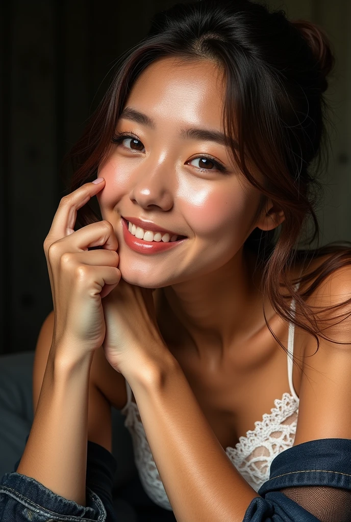 (Highest quality:1.4),(masterpiece:1.4),(Realistic:1.4),(Realistic:1.2),(超High resolution, RAW Photos:1.4),(High resolution, Very detailed:1.2),(8k:1.2),photograph,(Shot from behind:1.3)、Korean women、brown hair photos,One Woman,alone,(In underwear),Very large breasts,((Thigh to head shot:1.3))、(((topless、You can see her large breasts from the side.)))、((Toothy smile))、((Very large breasts:1.4))、Realistic skin textures、Slightly freckled、Slender figure、Realistic skin textures、((background,Concrete wall:1.3)),(topless,The breast is visible from the side:1.6),(Long lace slip,White)、3 woman、The angle at which the nipple is not visible、((Updo long hairstyle))、((Black,Long lace slip:1.4))、Correct toes、Detailed facial features、Long slip covers the buttocks and soles of the feet、Long slip covers your butt、