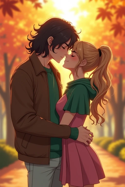 I would like to get an image of an anime-style couple consisting of an adult man with long curly chocolate hair below the shoulders, dressed in a large-knit green sweater with a neckline, brown leather jacket, light jeans, kissing a young incredibly beautiful woman with long golden curly chocolate hair gathered in a ponytail and in a pink tight dress and a green short cloak that hugs him around the neck. Autumn Park. In full growth.