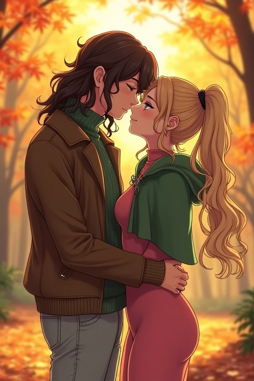 I would like to get an image of an anime-style couple consisting of an adult man with long curly chocolate hair below the shoulders, dressed in a large-knit green sweater with a neckline, brown leather jacket, light jeans, kissing a young incredibly beautiful woman with long golden curly chocolate hair gathered in a ponytail and in a pink tight dress and a green short cloak that hugs him around the neck. Autumn Park. In full growth.