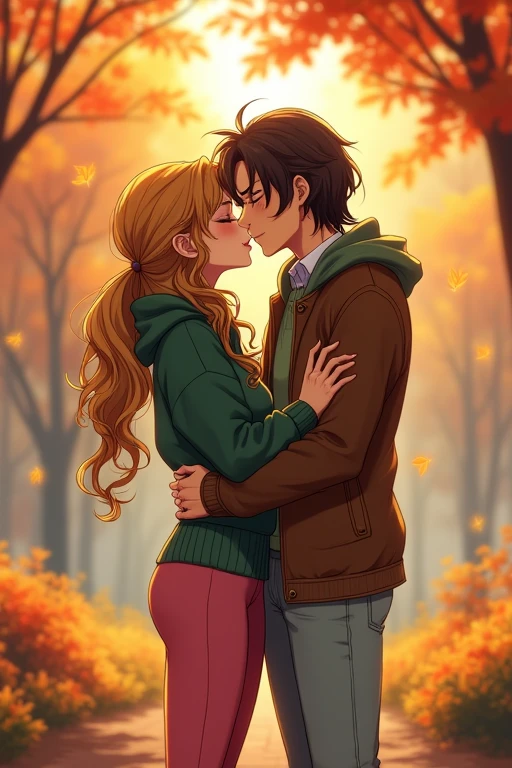 I would like to get an image of an anime-style couple consisting of an adult man with long curly chocolate hair below the shoulders, dressed in a large-knit green sweater with a neckline, brown leather jacket, light jeans, kissing a young incredibly beautiful woman with long golden curly chocolate hair gathered in a ponytail and in a pink tight dress and a green short cloak that hugs him around the neck. Autumn Park. In full growth.