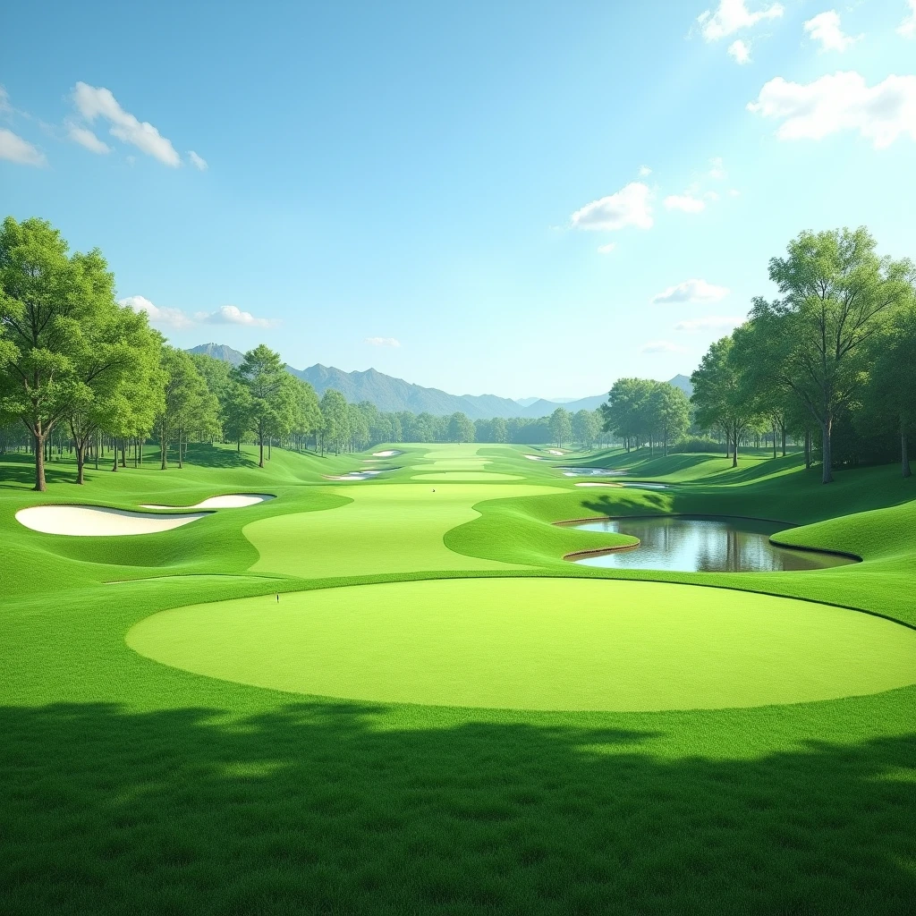 "A realistic and vivid photograph of a golf course with lush green grass stretching across the landscape. The background features a clear, bright sky, and the overall scene is sharp and detailed. The setting is ideal for integrating a person into the scene, offering a natural and lifelike backdrop."