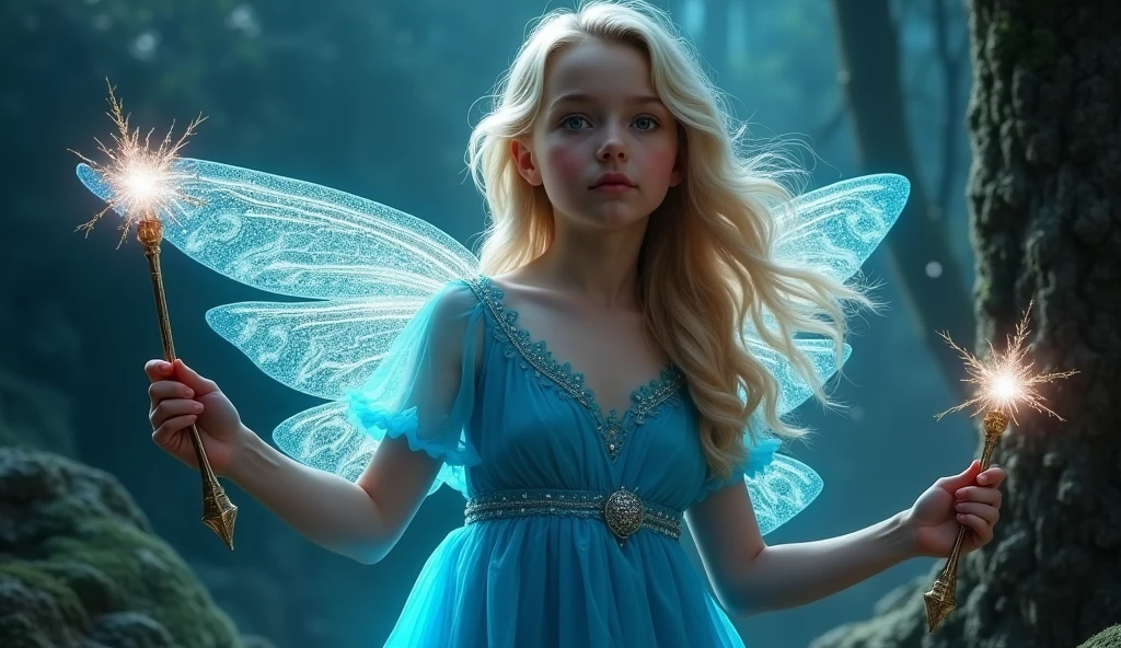 A girl with blonde hair and a blue dress with soft wings, and a wand with a star on the end. In the style of a retro 80s Dark Fantasy movie