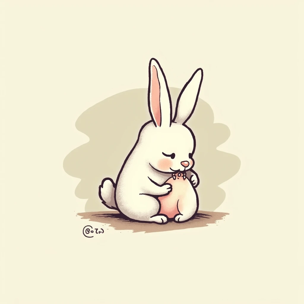 Chibi Style, dot halftone, Flat Color, A rabbit bending forward to look at its anus,The mouth and anus are connected,I'm doing my best,It has its back arched and its face between its hind legs