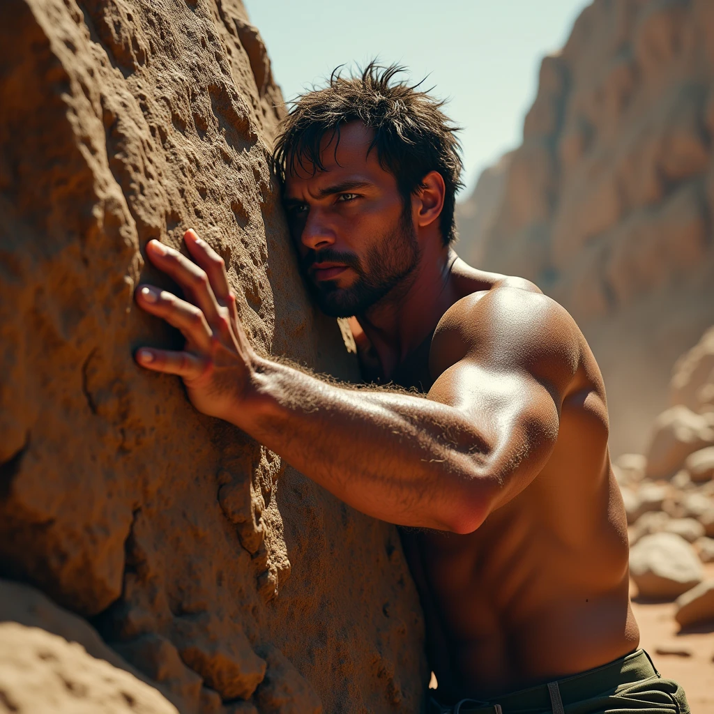 Aron Ralston with his arm trapped by a huge rock