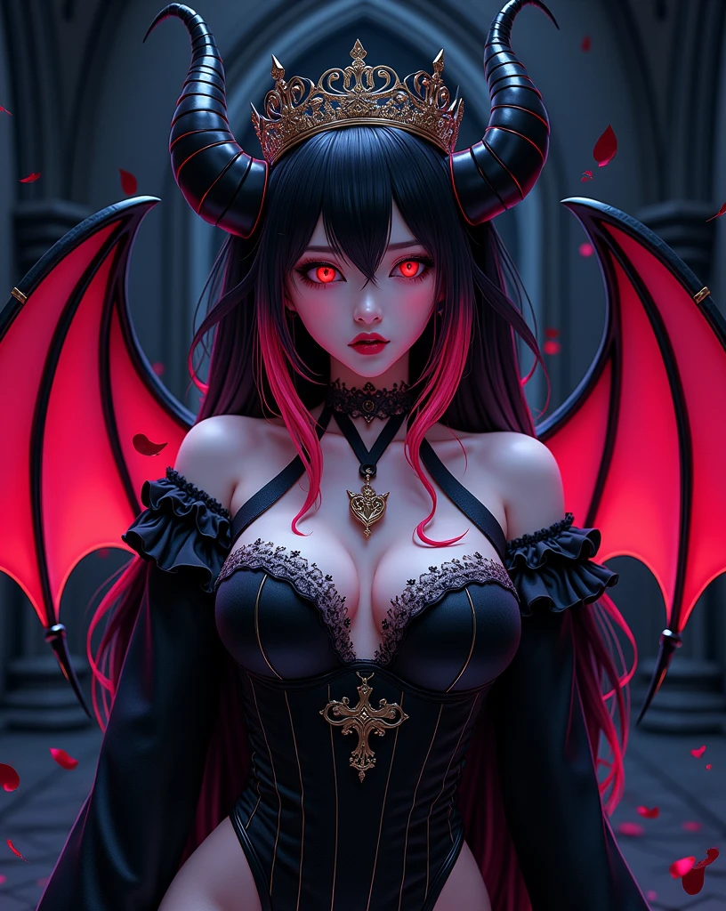 A cinematic shot of a dark fantasy anime-style portrait of a seductive succubus named Lady Venus. She has striking black hair with neon red tips and wears a crown. She has large, glowing red eyes and wears dark clothing. Her wings have a vibrant red center. The background is a dark, gothic architecture. The overall composition is illuminated by dramatic lighting. This portrait is a masterful combination of photography, 3D render, and artistic elements.