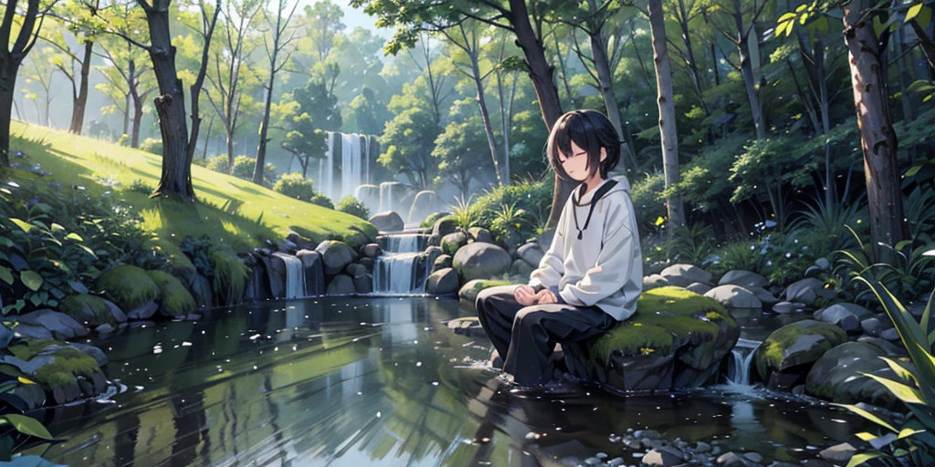Hiro is in a meditation pose by a stream, close your eyes, With a calm expression. The surrounding landscape is peaceful and harmonious, It symbolizes his peace of mind..
 Depicts a young man meditating beside a flowing stream, With a calm expression. The background is calm, With the flowing stream, Green Grass, Trees swaying gently in the breeze々. The comical tone is in harmony with the calm atmosphere. 