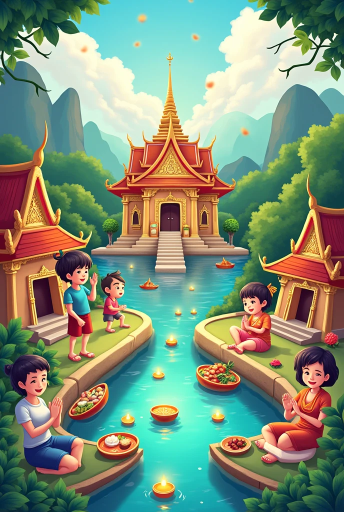 Draw cartoons about Thai culture, such as paying respect, Loi Krathong, Songkran, releasing floating lanterns, Buddha images, Thai temples, Thai food, Thai boxing, and Thai games. Combine them into one picture.