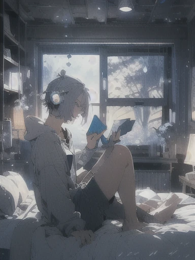 Draw a scene of someone relaxing in a spacious bedroom. The character is a short, bob-haired woman with silver hair wearing a pastel-colored hoodie, wearing headphones and reading a book. The background has three large windows with a full moon and a starry sky. I would like a vibrant color and anime style. Please also add floating magical lights around the character.