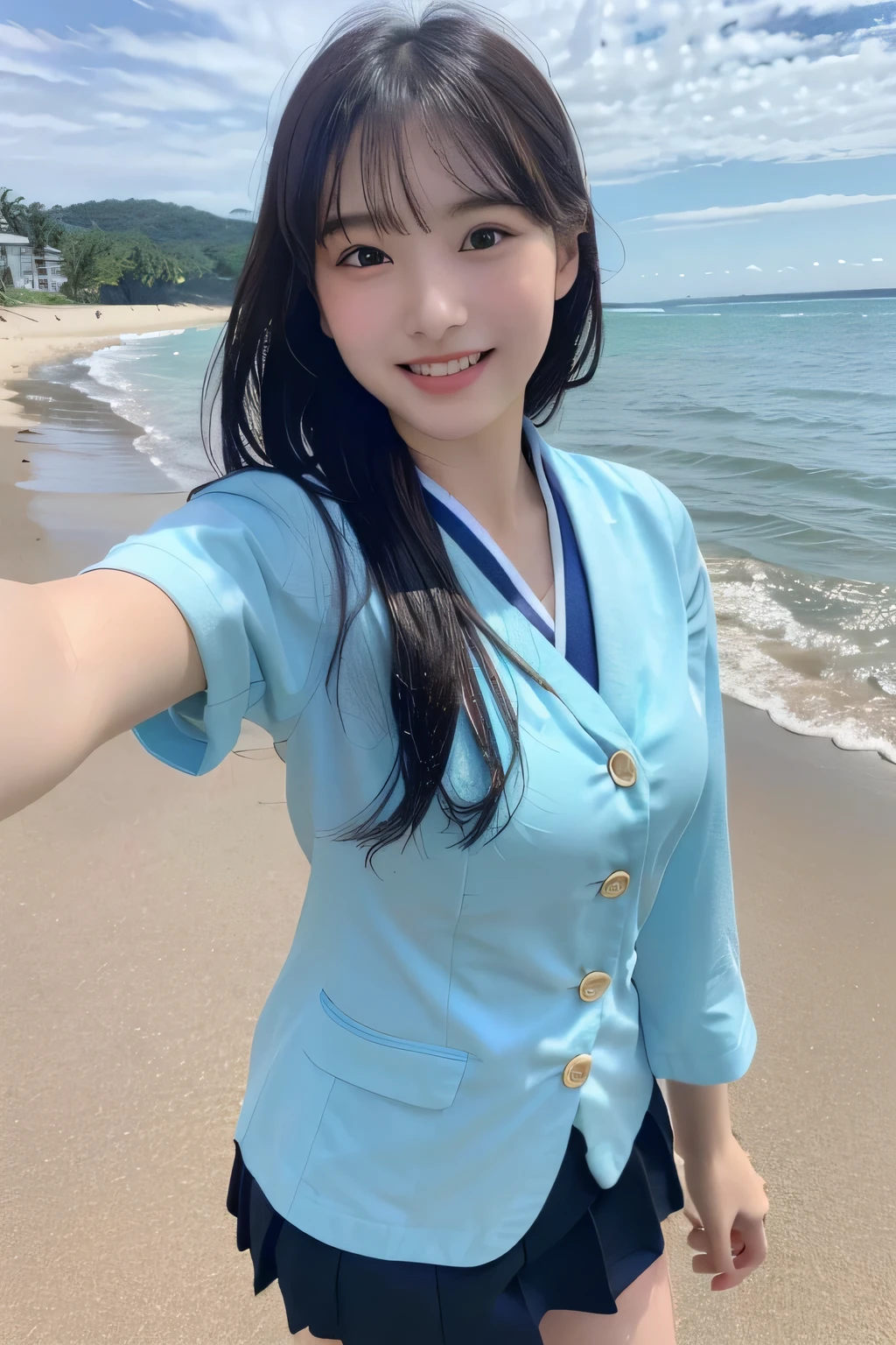 RAW Photos, (8k), (Highest quality:1.2), (Genuine), (Genuine:1.37), Ultra-high resolution, High school girl selfie, (One Woman, half Korean and half Ukrainian, 80% Korean, she is standing on the beach. RAW Photos, 8k, Highest quality, Ultra-high resolution, Beautiful facial details, Genuine human skin, Gentle expression, front, Angle from below, Hair length, Genuine, cute, Short skirt, Ocean, cute high school girl, she is a little wet with Ocean water in Japanese uniform, kimono, surGenuine high school girl, Lesbians all over, Big Breasts, Upper Body, Face close-up, Big smile