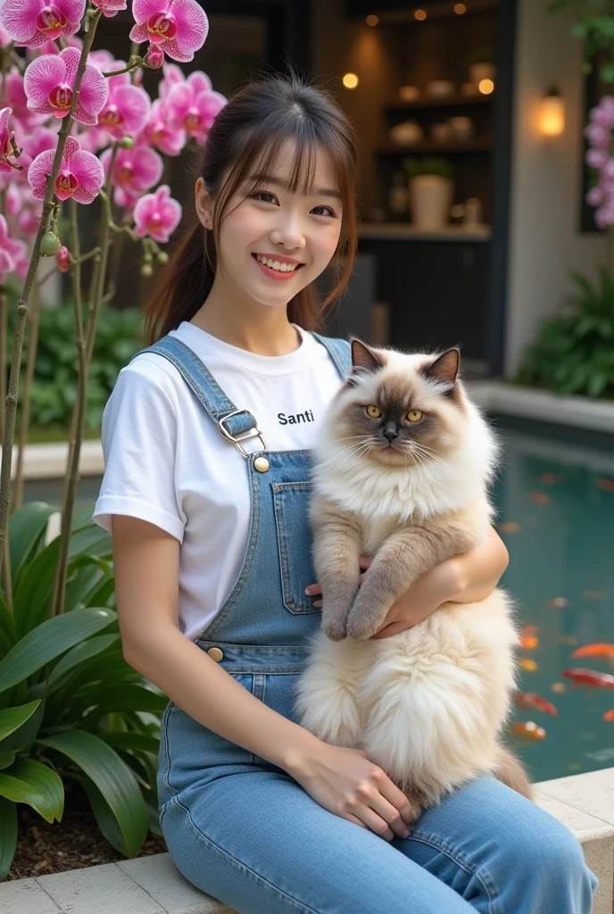 Beautiful Korean Women , smooth white skin, well-groomed face,hair up,bangs, ala korea,white t-shirt ( santi name logo) ,celana jumpsuit jeans,black watch, sitting posing with a slight smile, near the koi pond,in the pond there are many koi fish ,(memeluk kucing anggora berukuran besar,) left-right pool, there are colorful orchid flowers,background shows the kitchen of a luxury home, Realistic original photo,