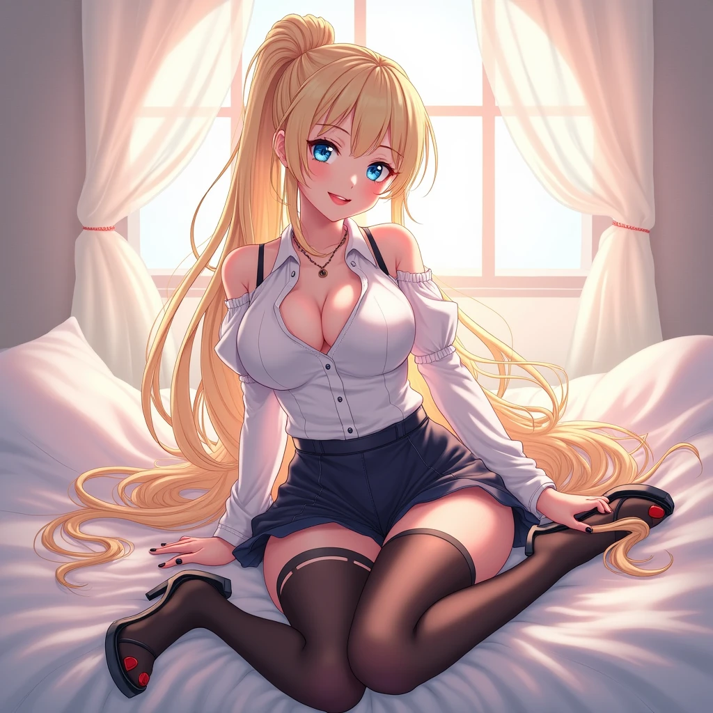 nsfw, masterpiece, 4k, high definition, high quality, best quality, ultra detailed, detailed beautiful eyes, detailed beautiful face, beautiful detailed hands, beautiful detailed legs, photorealistic, magnifique view, 2D, (cute, kawaii:1.2), captivating animated illustration depiction, perspective, (digital art, fantasy: 1.2) BREAK 1 girl, solo, spread legs, white hair ribbon, (smile, blush:1.2), BREAK Wearing a kawaii fashion outfit, outfit features a (unbuttoned blouse: 1.2) with blue lace trim and a large bow at the collar, (no bra, show nipples, exposed breasts, exposed nipples, areola, Exposed Back: 1.2), BREAK The Blouse is wearing a white high-waisted skirt with lace-up details, (lift up skirt, Open Crotch Lingerie, show white intricate lace panties, cameltoe: 1.3), (The Person is also wearing black knee-high socks with lace top, garter belt, garter straps: 1.2), The overall look is cute and elegant, BREAK light blond hair, (side tail:1.3),