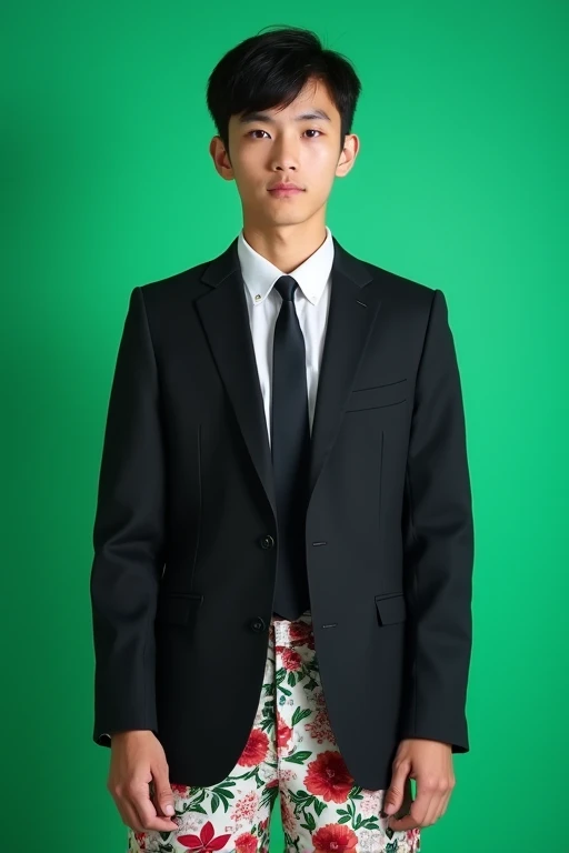 Ảnh hồ sơ của nam sinh viên Việt Nam đang nhìn thẳng vào màn hình. Above wearing a suit and tie, under the floral shorts. He stood on a makeshift green screen.