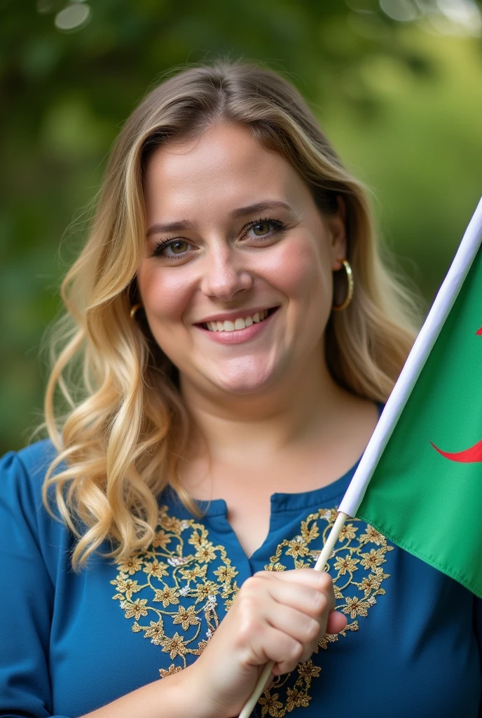 Close up, blonde, plump woman . She is wearing a blue caftan decorated with gold and white threads embroidered with a modern and high quality technique. She is holding a detailed and precise Algerian flag in green and white, green nature background.