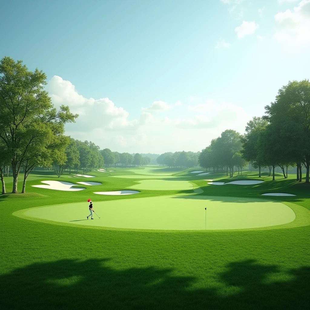 "A realistic and vivid photograph of a golf course with lush green grass stretching across the landscape. The background features a clear, bright sky, and the overall scene is sharp and detailed. The setting is ideal for integrating a person into the scene, offering a natural and lifelike backdrop."