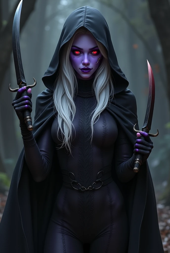 elfa drow,  purple skin, Eyes red, white  hair, assassin outfit with two daggers, scar on eye, hood on the head and mask on the face