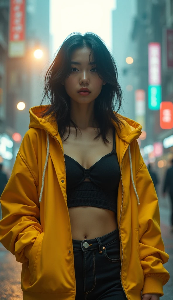 Masterpiece, 4K wallpaper, Masterpiece sci-fi cyberpunk city, fantasy sci-fi, neon glow lights city, ( Subject ( 1girl, A cute japanese women with beautiful hair, wearing an youth stylist oversized hoodie fashion, yellow, black and white stylist fashion, jumper hoodie and short solid cotton trousers, the hoodie stylist masterpiece.))
( Pose (Relaxed, with dance pose, masterpiece. Medium breast.))
( Setting (ultra realistic, sci-fi theme, A mystic environment, cyberpunk city with neon glow lights and a glow light portal.))
( Face ( absolute detail of face masterpiece, detail skin pores masterpiece, oil skinny, beautiful japanese girl, detail of face.))
( Perfect human body, perfect human fingers)
( Lighting (Dramatic side lighting with a warm and cool light masterpiece, absolute face and body lighting teqnique, sunlit glow and light rays, masterpiece object lighting and detail.))
(detail of wearing masterpiece), rahnday style photography, the sense of photography), sea art infinity.
( Style (Hyper-realistic, cinematic, with a focus on detail and texture, octan render 4K quality masterpiece.))
( Technical Specifications (Shot from a medium long shot, below-up perspective, with a Fujifilm XT-4 with Fujinon 50mm lens at f/1.2.))
(((Additional Notes)
( Focus on Key Elements (Emphasize the woman, her clothing, and the dramatic city backdrop.))
( Visual Effects (Include cinematic grains, falling glow particles, and a blurred background with white fog.))