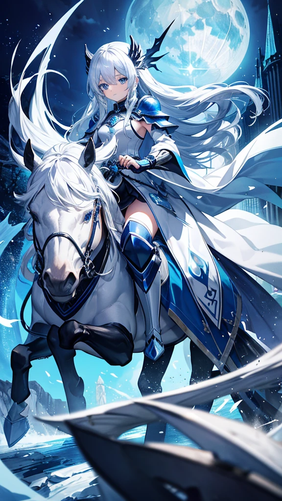 Silver Hair、Long Hair、Blue Eyes、Dragon、Blue and black armor、White Cape、Blue moon in the background、Ice Magic、Carrying a sword、horse riding
