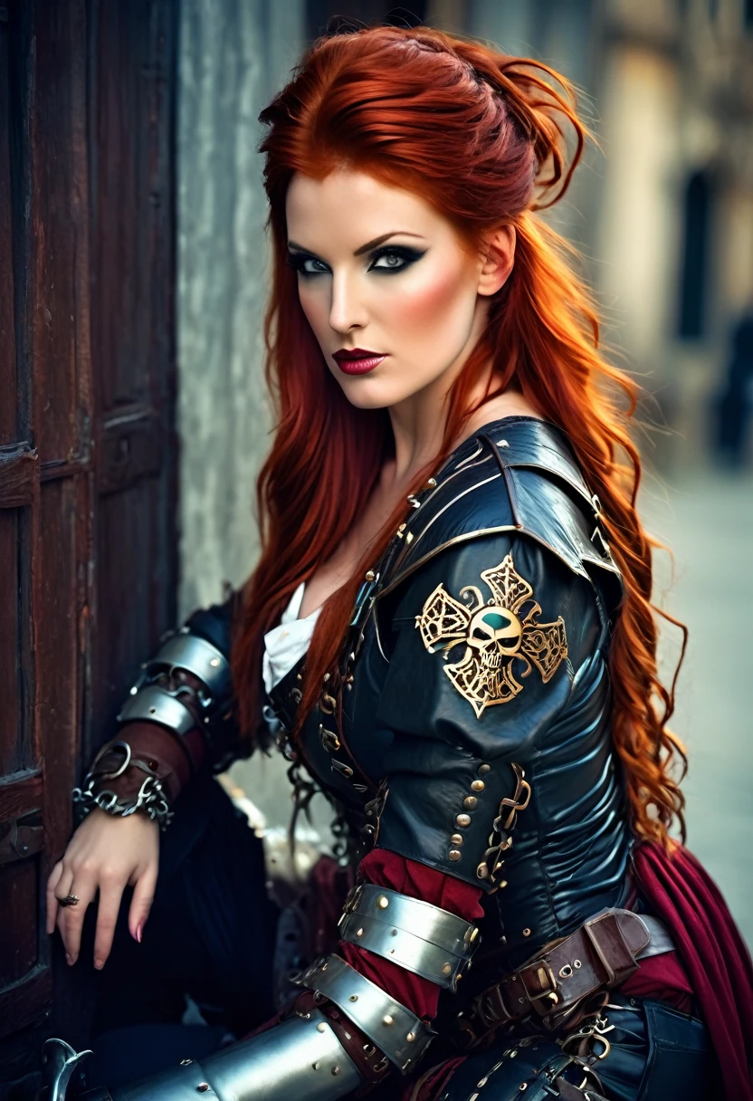 arafed woman in a pirate costume posing for a picture, seductive cyberpunk dark fantasy, steampunk fantasy style, female redhead templar, ornate cosplay, redhead queen in heavy red armor, fantasy character photo, beautiful female warrior, fantasy leather clothing, cinematic goddess body shot, a steampunk beautiful goddess, of a beautiful female knight, steampunk warrior