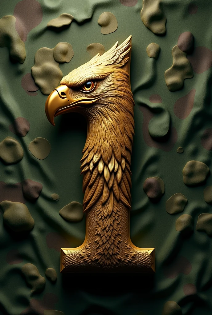 Number 1 made with a gold carved eagle head with a military green camouflage background