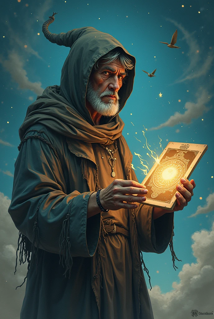 A man in a beggar costume with a picture of the time involved ((アニメ ))