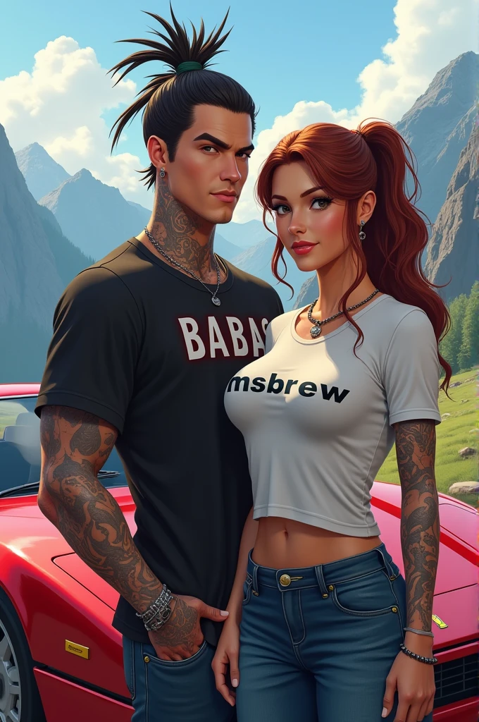 I'll draw a male character with tattoos and pierced ears.,long hair that is tied up,without a beard,wearing a t-shirt that says babas,and a big breasted girl wearing a shirt that says msbrewc,and the f40 car behind it,and mountain views