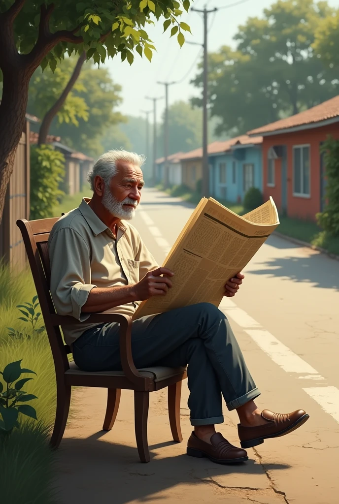 Grandpa reading newspaper on colony road side
and sitting a chair