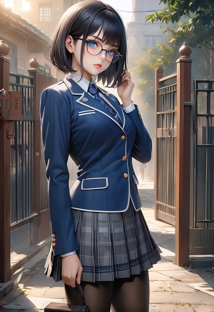 a beautiful high school girl with glossy black hair, clear blue eyes, wearing eyeglasses, with a straight hairstyle and bangs, in a high-quality, ultra-detailed, 8K resolution illustration, a gorgeous anime-style character, wearing an indigo blue blazer with an emblem on the left chest, a disciplinary committee blue armband, a collared shirt, a patterned blue tie, a grey tartan plaid long pleated skirt, black pantyhose, black loafers, a serious and mature expression, standing in front of the school gate in the morning, slightly pouting, one hand on her hip, the other hand lifting her glasses, (best quality,4k,8k,highres,masterpiece:1.2),ultra-detailed,(realistic,photorealistic,photo-realistic:1.37),extremely detailed face and eyes,beautiful detailed eyes,beautiful detailed lips,longeyelashes,portrait,concept art,vibrant colors,dramatic lighting,cinematic