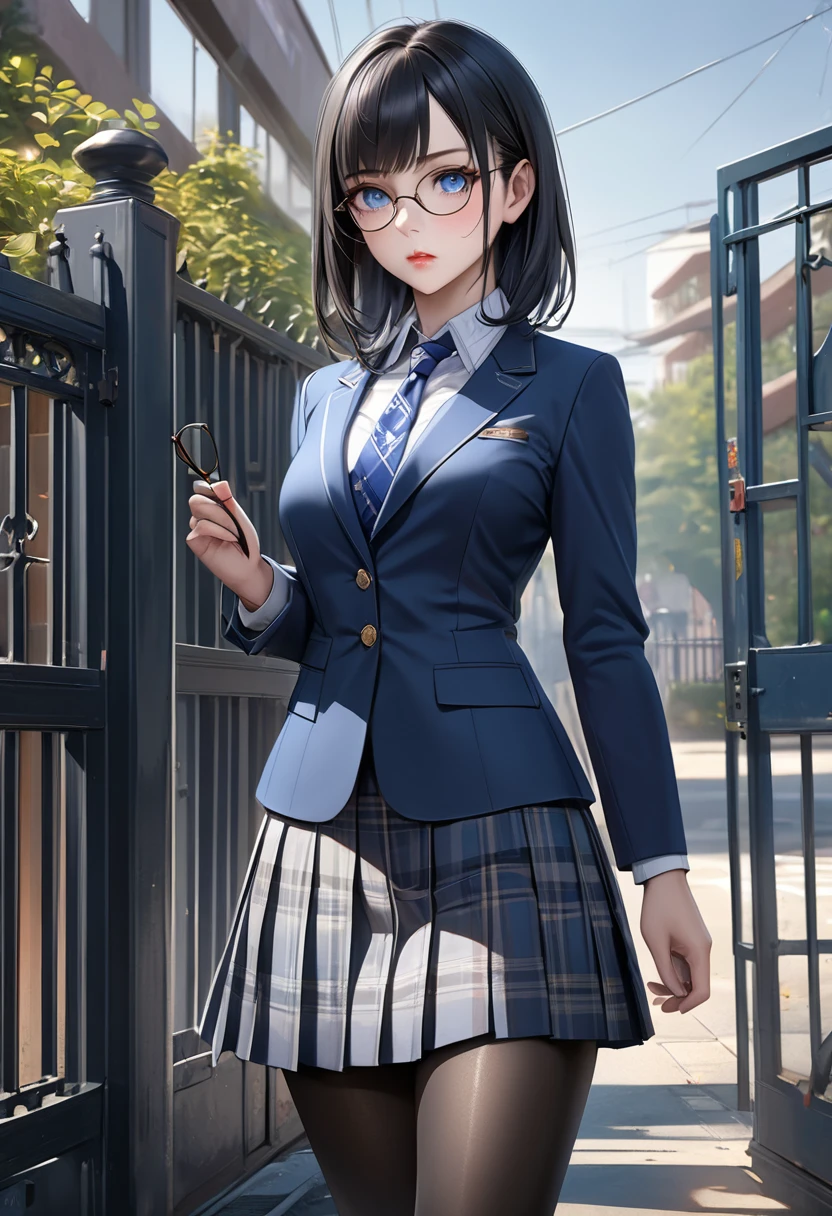 a beautiful high school girl with glossy black hair, clear blue eyes, wearing eyeglasses, with a straight hairstyle and bangs, in a high-quality, ultra-detailed, 8K resolution illustration, a gorgeous anime-style character, wearing an indigo blue blazer with an emblem on the left chest, a disciplinary committee blue armband, a collared shirt, a patterned blue tie, a grey tartan plaid long pleated skirt, black pantyhose, black loafers, a serious and mature expression, standing in front of the school gate in the morning, slightly pouting, one hand on her hip, the other hand lifting her glasses, (best quality,4k,8k,highres,masterpiece:1.2),ultra-detailed,(realistic,photorealistic,photo-realistic:1.37),extremely detailed face and eyes,beautiful detailed eyes,beautiful detailed lips,longeyelashes,portrait,concept art,vibrant colors,dramatic lighting,cinematic