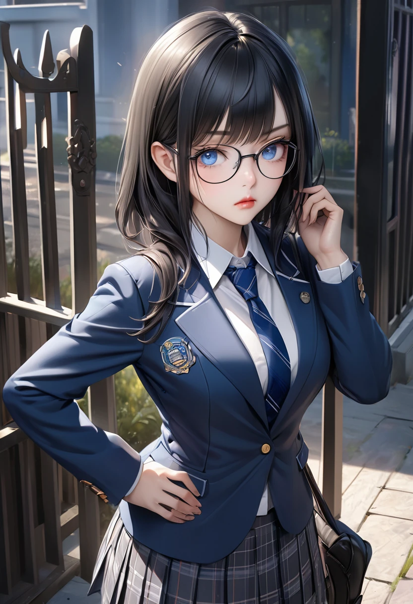 a beautiful high school girl with glossy black hair, clear blue eyes, wearing eyeglasses, with a straight hairstyle and bangs, in a high-quality, ultra-detailed, 8K resolution illustration, a gorgeous anime-style character, wearing an indigo blue blazer with an emblem on the left chest, a disciplinary committee blue armband, a collared shirt, a patterned blue tie, a grey tartan plaid long pleated skirt, black pantyhose, black loafers, a serious and mature expression, standing in front of the school gate in the morning, slightly pouting, one hand on her hip, the other hand lifting her glasses, (best quality,4k,8k,highres,masterpiece:1.2),ultra-detailed,(realistic,photorealistic,photo-realistic:1.37),extremely detailed face and eyes,beautiful detailed eyes,beautiful detailed lips,longeyelashes,portrait,concept art,vibrant colors,dramatic lighting,cinematic