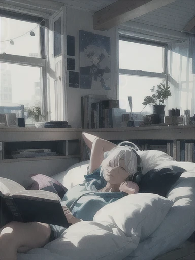 Draw a scene of someone relaxing in a spacious bedroom. The character is a short, bob-haired woman with silver hair wearing a pastel-colored hoodie, wearing headphones and reading a book. The background has three large windows with a full moon and a starry sky. I would like a vibrant color and anime style. Please also add floating magical lights around the character.
