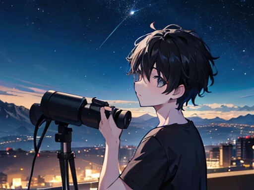 1 boy, Night view, Mountain, Black short hair, He is wearing a grey shirt, He is using a telescope