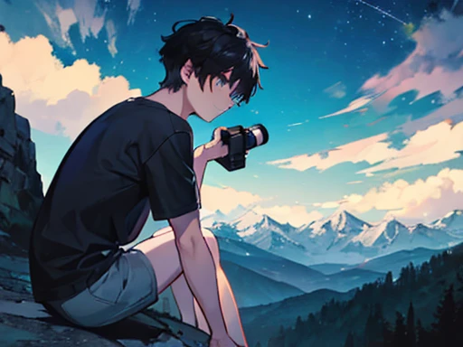 1 boy, Night view, Mountain, Black short hair, He is wearing a grey shirt, He is using a telescope