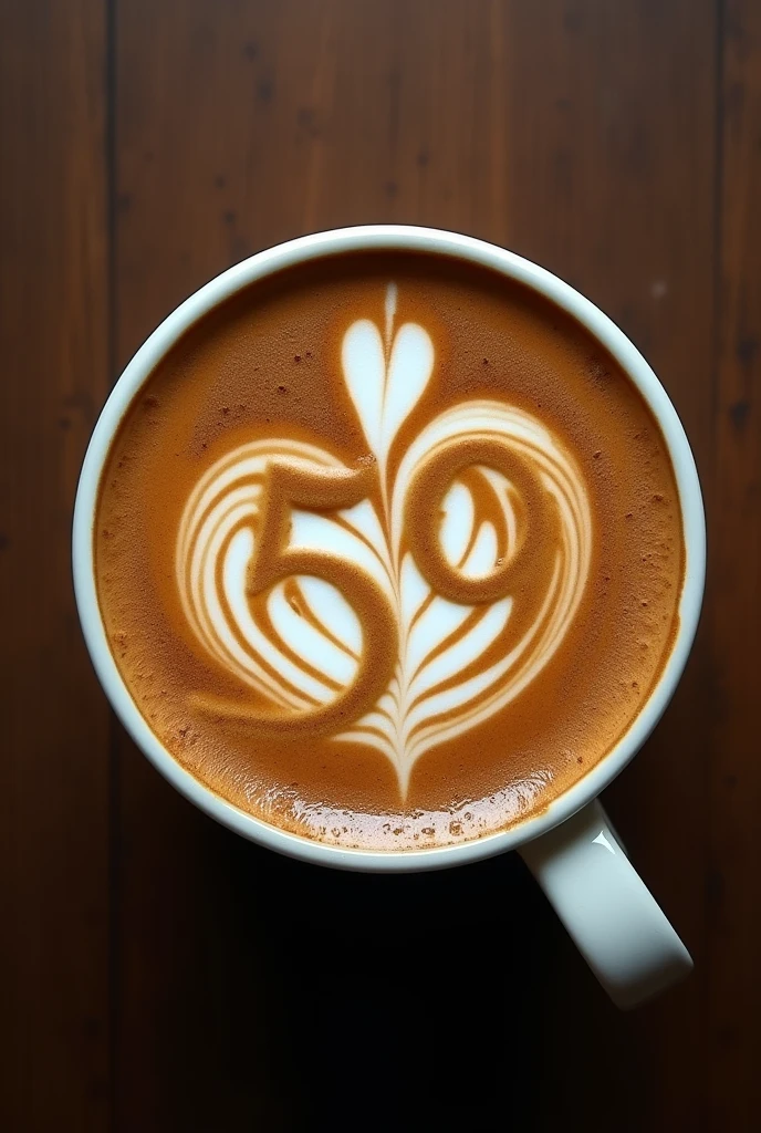 A cup of coffee viewed from above with a crema drawing representing the number 59