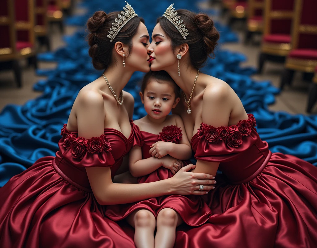 highest quality, masterpiece, highest resolution, artwork, super それにget used to it, many get used to it, get used to it, それにget used to it,((close-up angle shows full entire three persons))love,two adult woman kissing her daughter,romantic,honeymoon,three females in hair tied up,mothers and daughter, three females kissed surrounded satin silk fabric entire floor and room,two mothers with jewellry and full tiara sitting hug kissing their daughter on the floor,two females surrounded in luxurious deep blue and crimson satin dresses and satin silk cape,((deep blue and crimson satin elegant comfy dresses with a large and long skirt surrounding and covering the mattress)),outter train satin silk cape,deep blue and crimson pleasure satin evening dresses rose flowers on dress motive,satin silk cape fabric ,((Gorgeous goddess rococo robe satin dress with voluminous full-length hoop skirt)),deep blue and crimson long sleeve with gloves,long train skirt comfy dresses,A comfy dress with full satin fabric...,luxury shiny satin fabric,((Palace full luxurious extend side deep blue and crimson shiny satin fabric flooding on the mattress)), entire floor covered by extend stretched flares train skirt dresses fabric,((extend side of deep blue and crimson satin fabric)),Frilled silk full crimson fabric,many rose flowers on the floor, many rose flowers motive enitre the dresses,((two mothers and daughter sitting hug kissed each other while wrapped in deep blue and crimson satin dresses skirt on the mattress)),luxurious shiny satin skirt fabrics, shiny satin silk cape