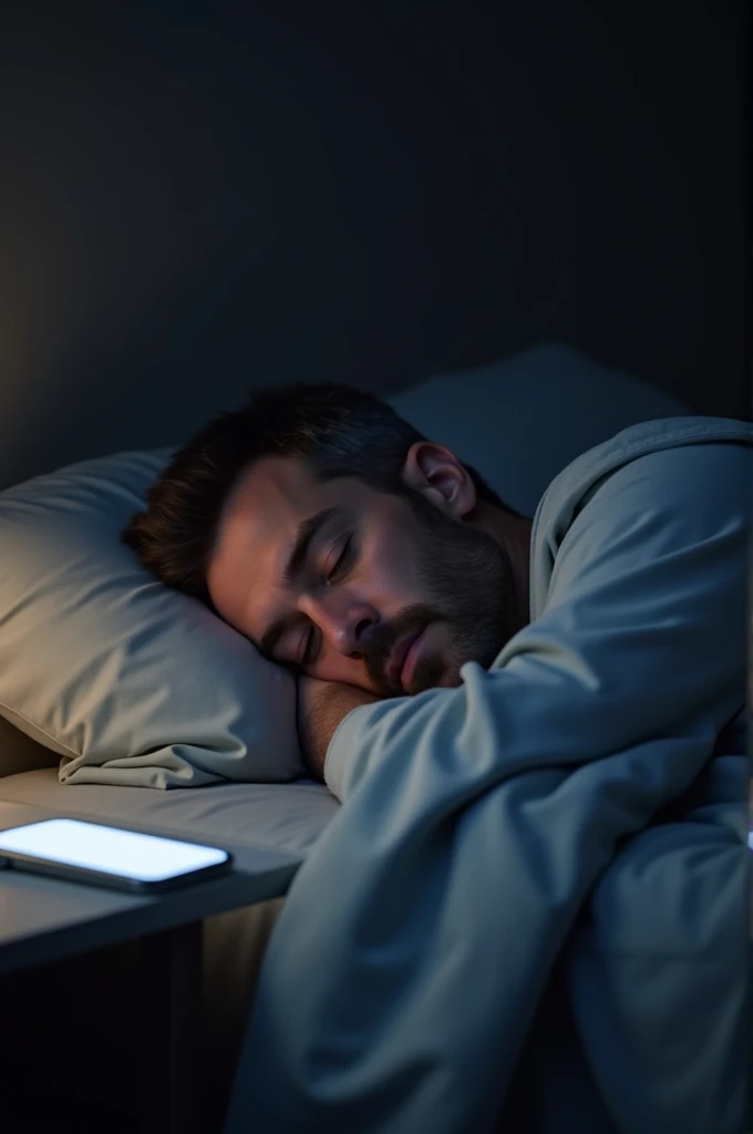A man sleeping in his bed near to his phone at night