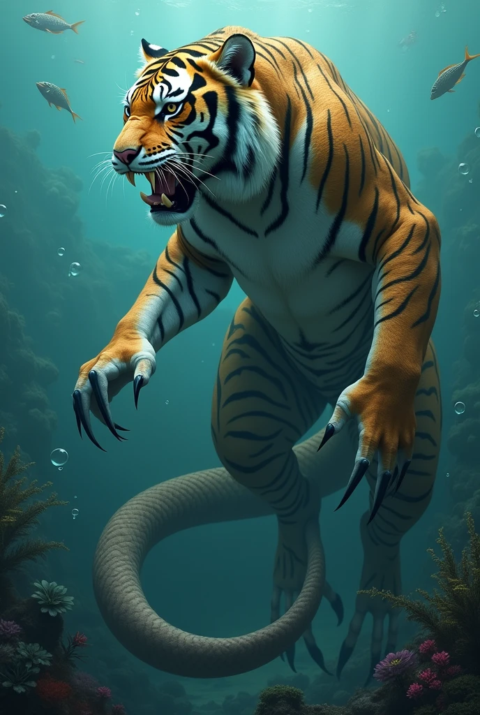 Upper body tiger lower body snake in ocean